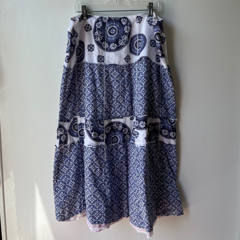 Blue & White Patterned Patchwork Midi Skirt, Eddi… - image 1